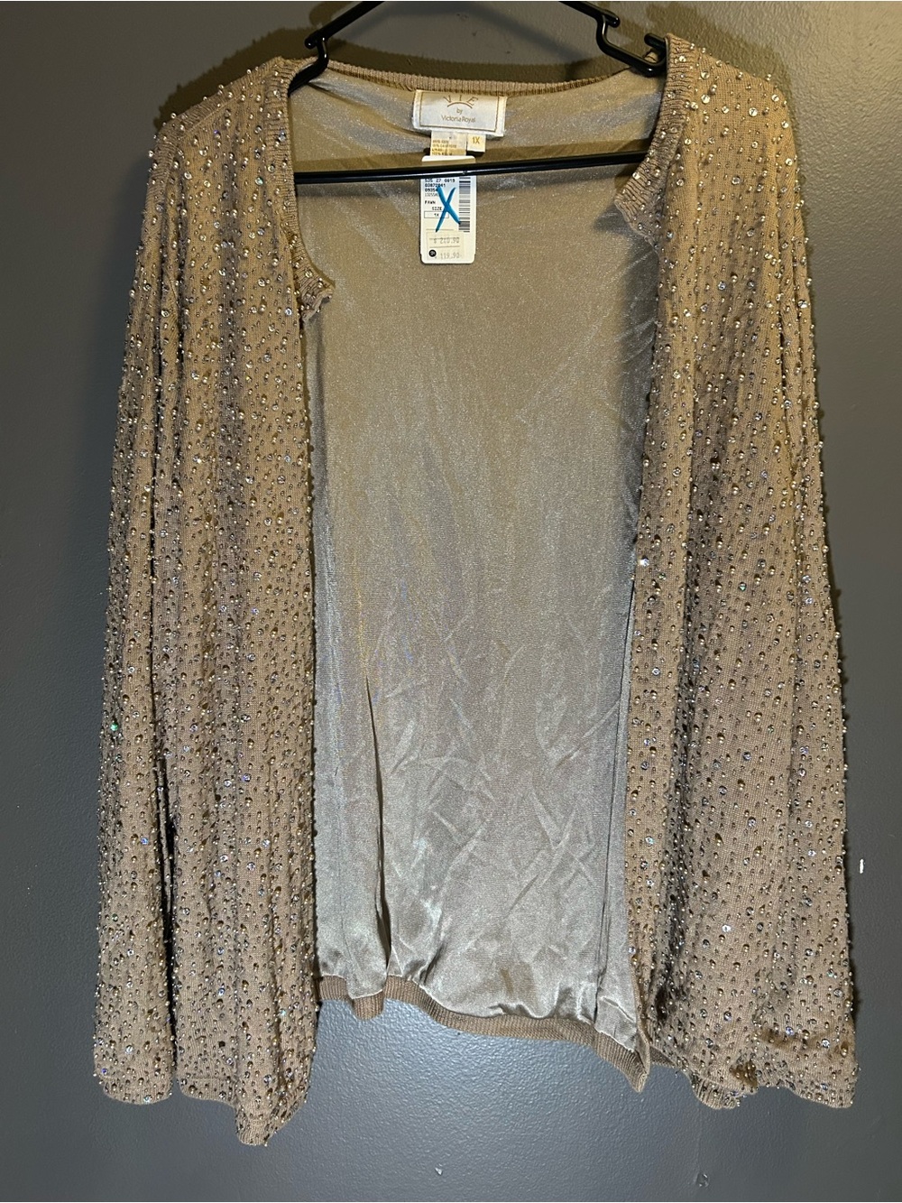 Vintage VIE by Victoria Royal Beaded Taupe Open Cardigan Silk & Cashmere size 1X